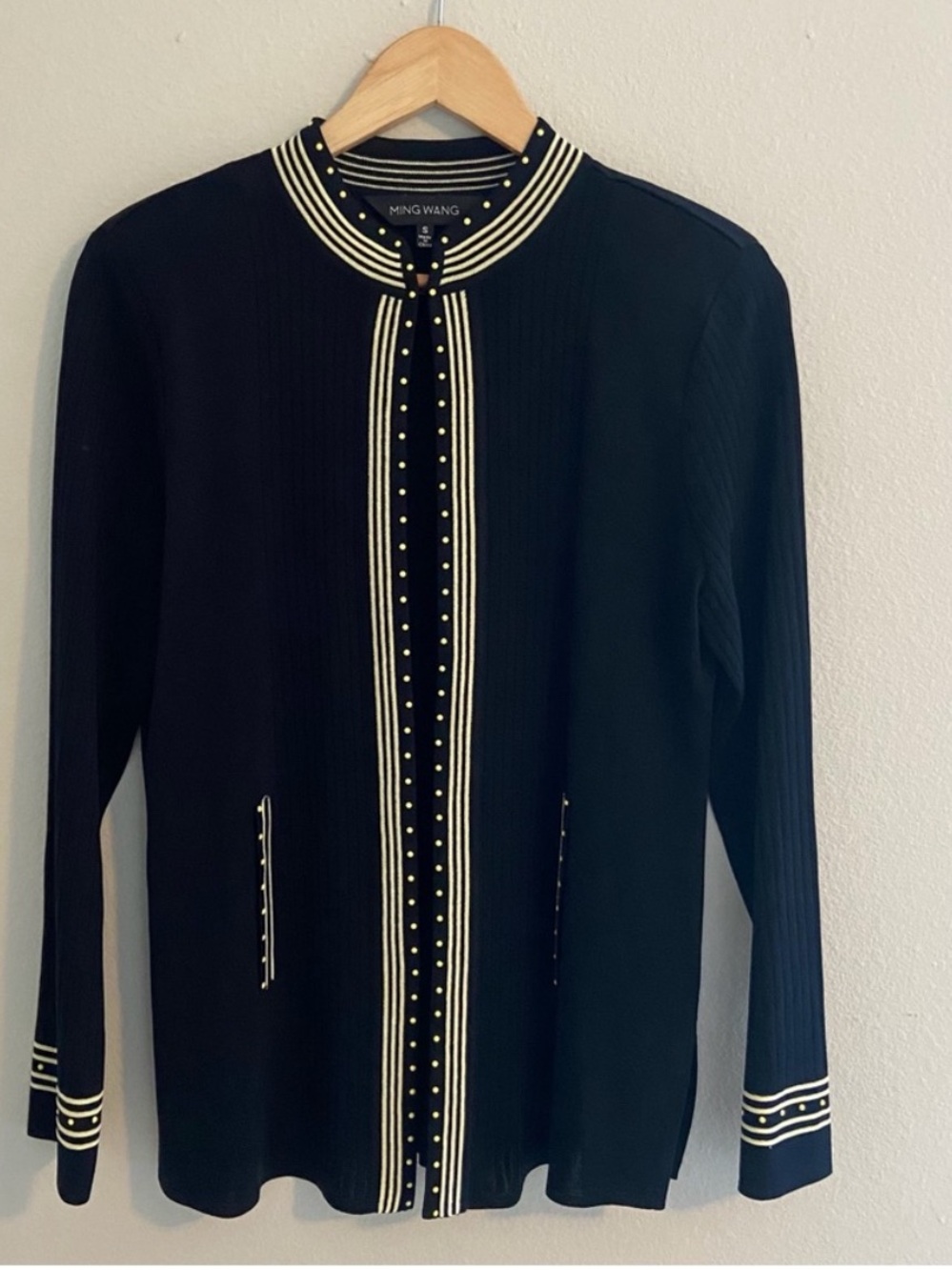 Ming Wang Black Knit Cardigan Sweater with Cream Trim and Stud Detail